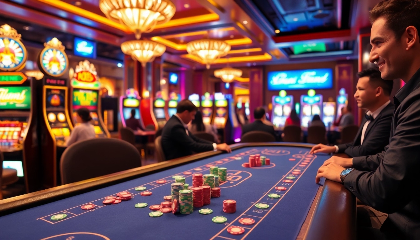 Exciting RR88 casino gaming scene featuring vibrant tables and eager players.