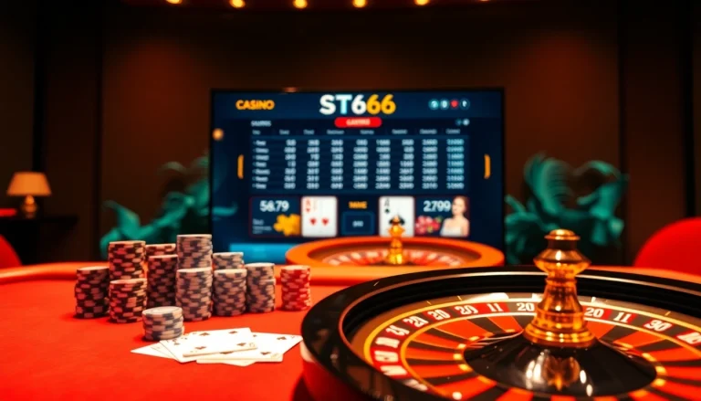 Experience the excitement of ST666 LINK with a vibrant online casino scene featuring poker tables and roulette.