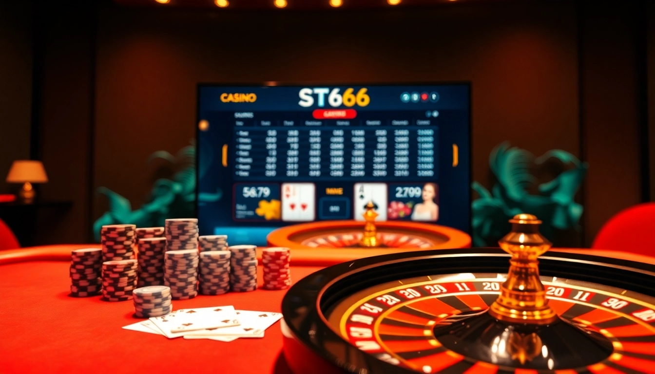 Experience the excitement of ST666 LINK with a vibrant online casino scene featuring poker tables and roulette.