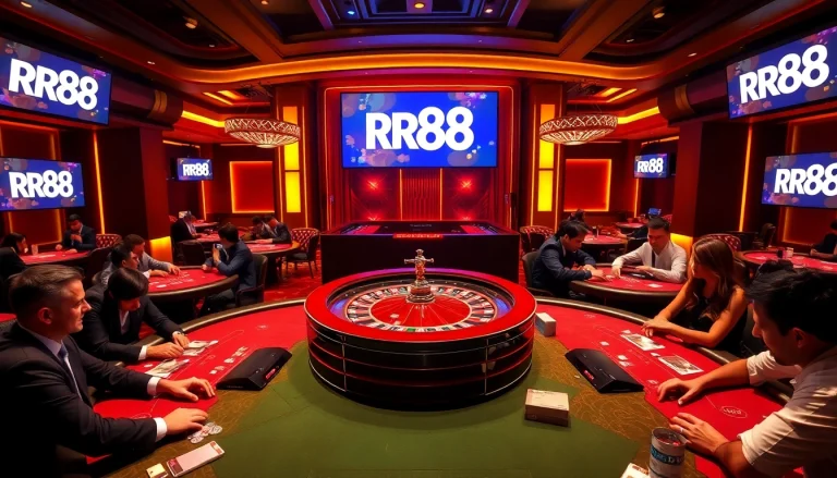Players enjoying an exciting game at RR88 casino with vibrant roulette wheel and poker tables.
