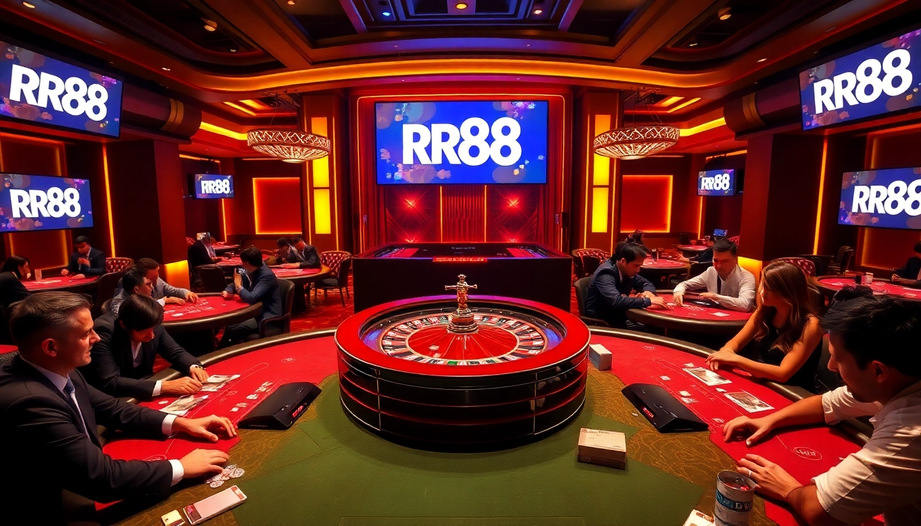 Players enjoying an exciting game at RR88 casino with vibrant roulette wheel and poker tables.