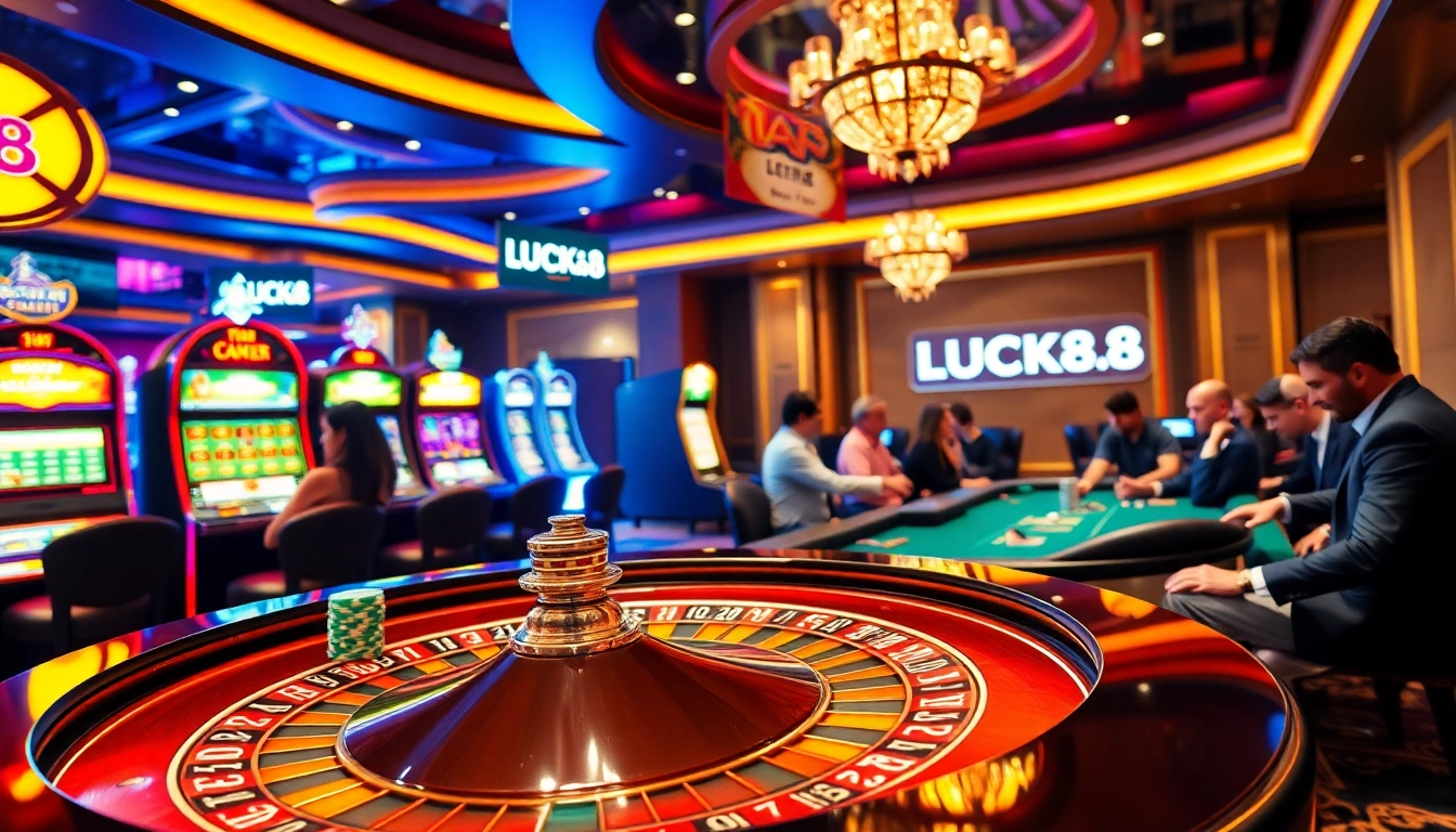 Cảnh bàn casino LUCK8 với roulette, những đồng chip và bầu không khí sôi động.
