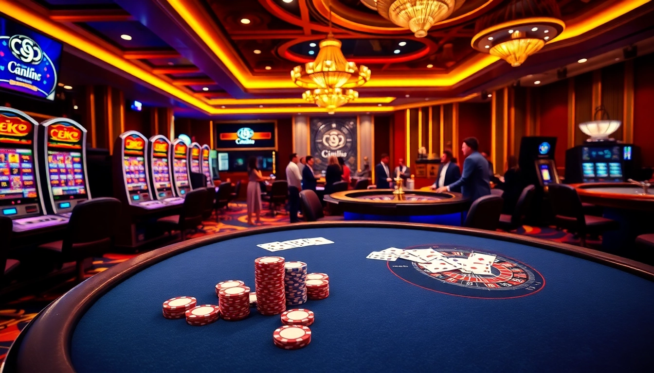 Experience CM88 gaming excitement at a vibrant casino with poker tables and slot machines.