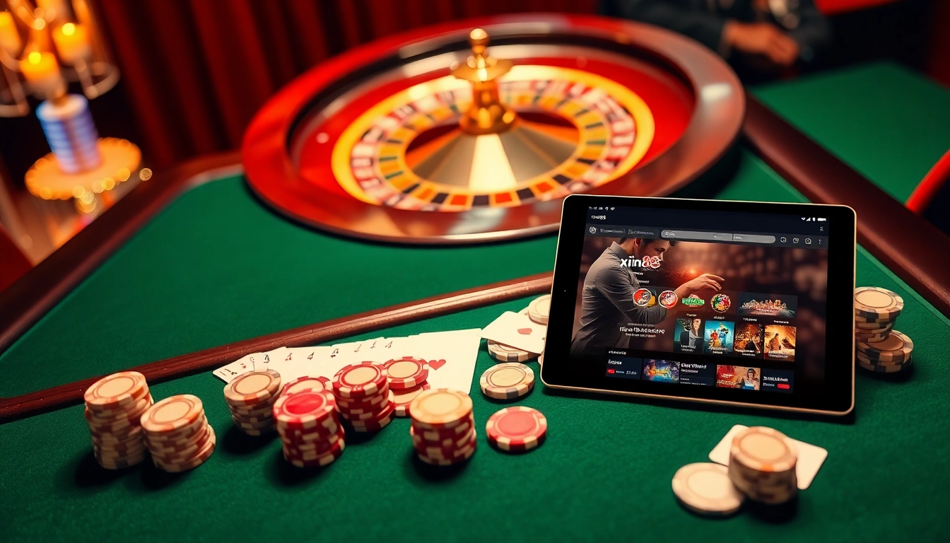 Engage in thrilling gambling excitement at xin88 with a luxurious casino scene featuring poker chips and a roulette wheel.