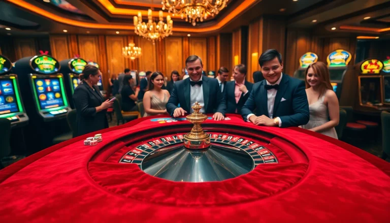 Exciting scene at Luckywin's casino, showcasing players at a roulette table amidst vibrant slot machines.
