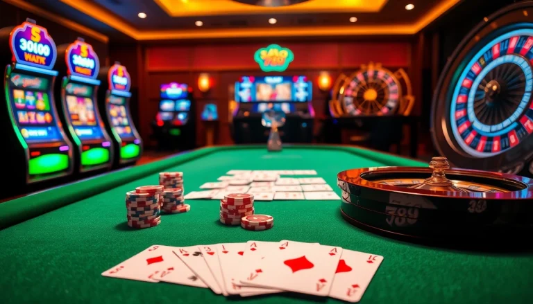 Sao789's vibrant casino scene showcasing poker chips and cards in an exciting luxury setting.