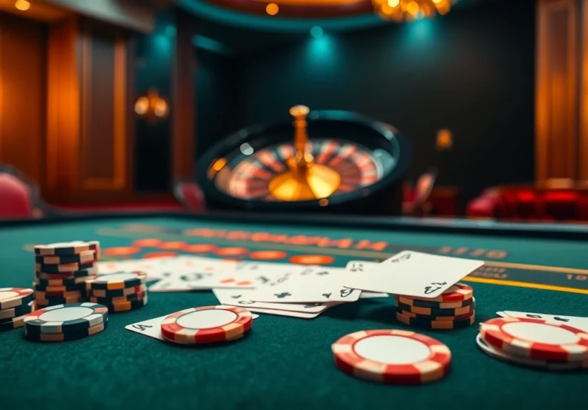 Experience the vibrant atmosphere of 8day casino gaming with poker chips and a spinning roulette wheel.