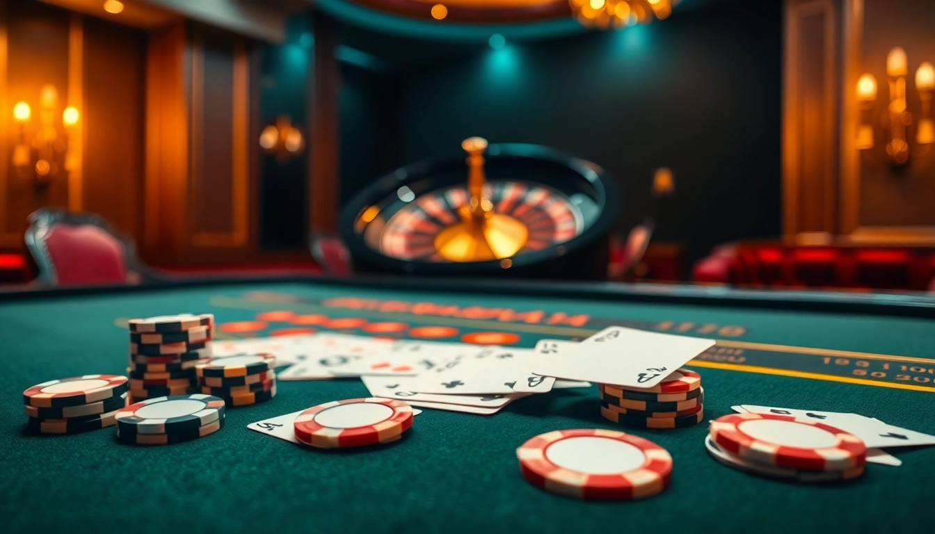 Experience the vibrant atmosphere of 8day casino gaming with poker chips and a spinning roulette wheel.