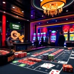 Xocdia88 showcases a vibrant online casino gaming atmosphere with roulette and slot elements.