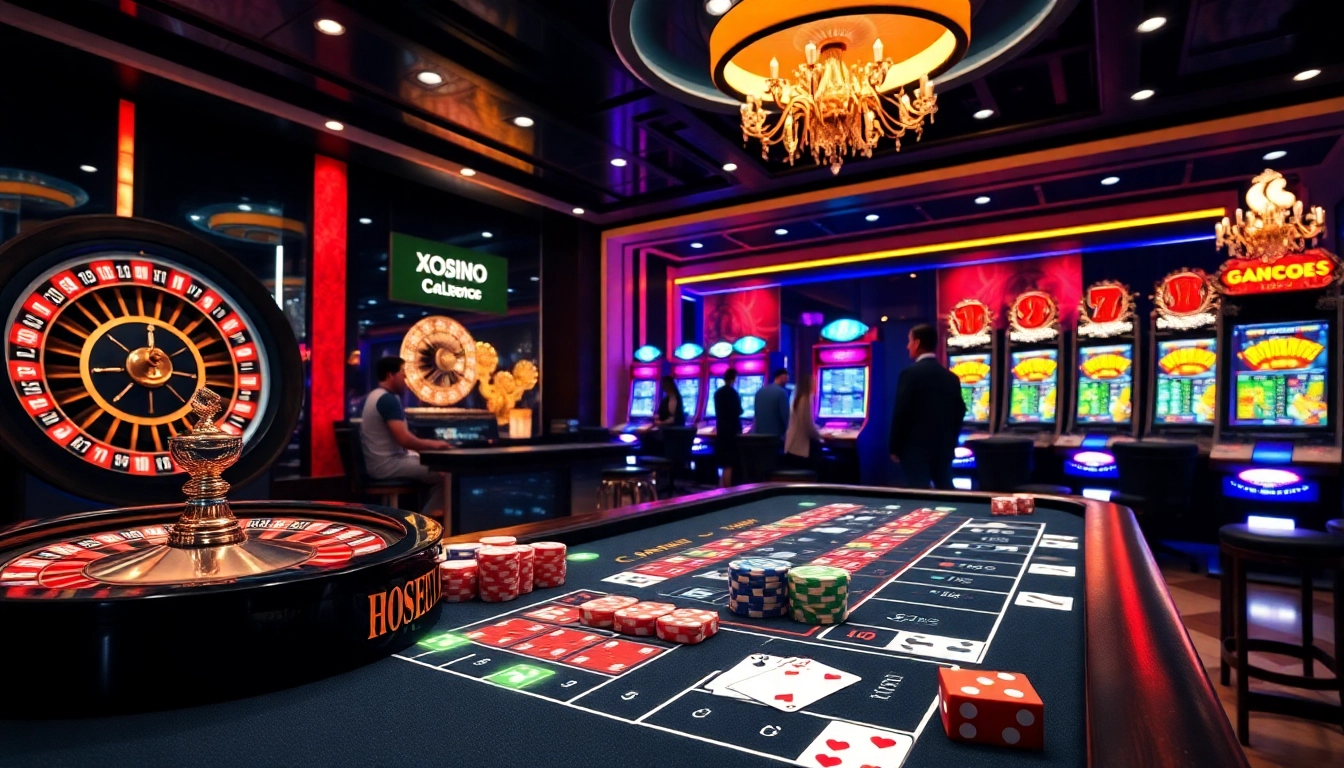 Xocdia88 showcases a vibrant online casino gaming atmosphere with roulette and slot elements.