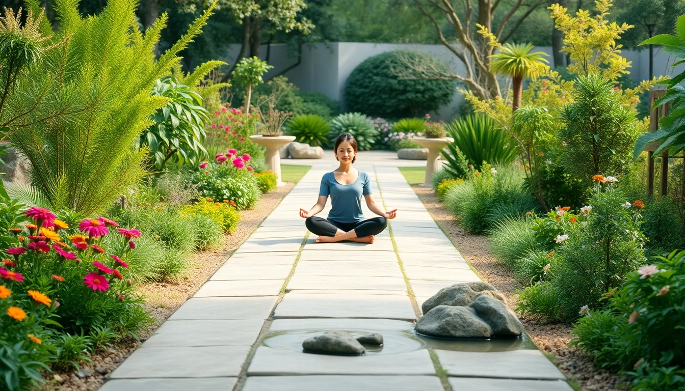 Enhancing emotional wellbeing through mindfulness meditation in a tranquil garden.
