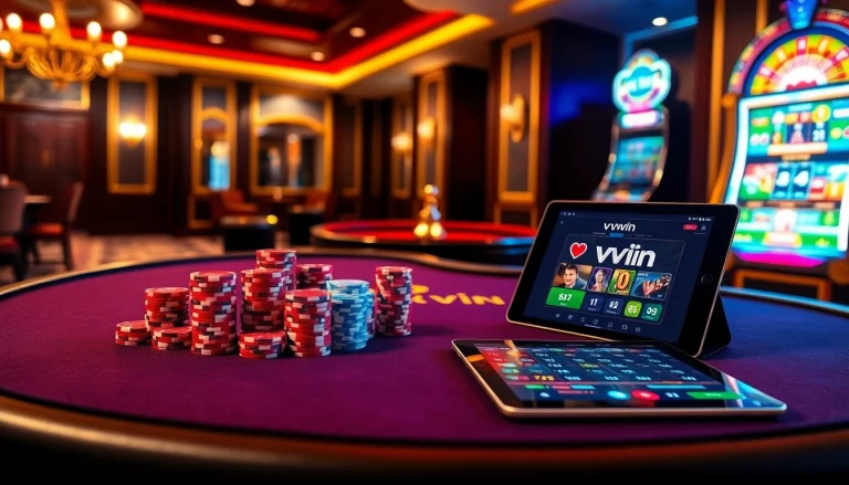 Experience the excitement of vvvwin's luxury casino setting with vibrant poker tables and roulette.