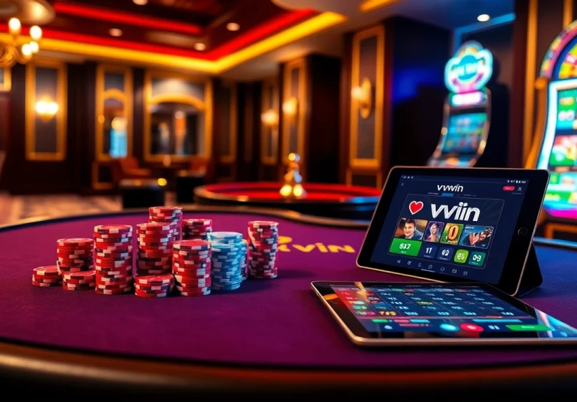 Experience the excitement of vvvwin's luxury casino setting with vibrant poker tables and roulette.