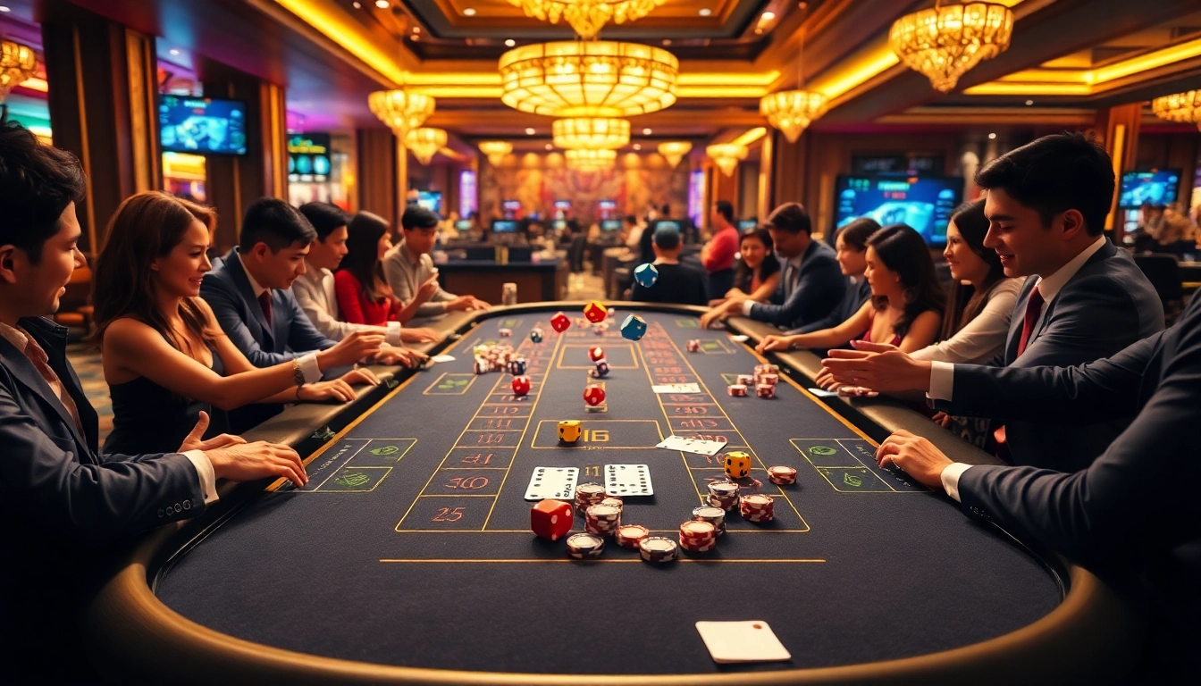 Tài xỉu md5 gaming table with enthusiastic players in a luxurious casino setting