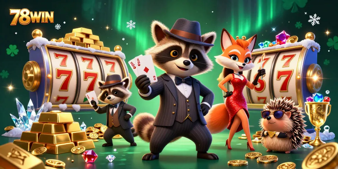 Experience big wins at 78WIN with the raccoon and friends enjoying a jackpot game.