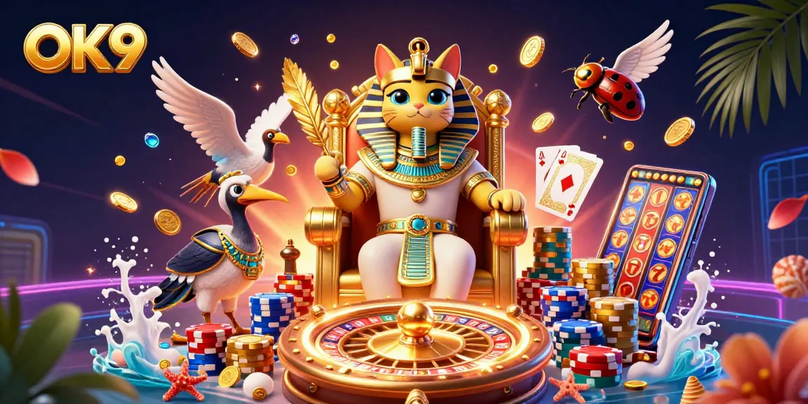 Engage in thrilling gaming at OK9 with vibrant casino elements, including golden coins, a roulette wheel, and royal flush cards.