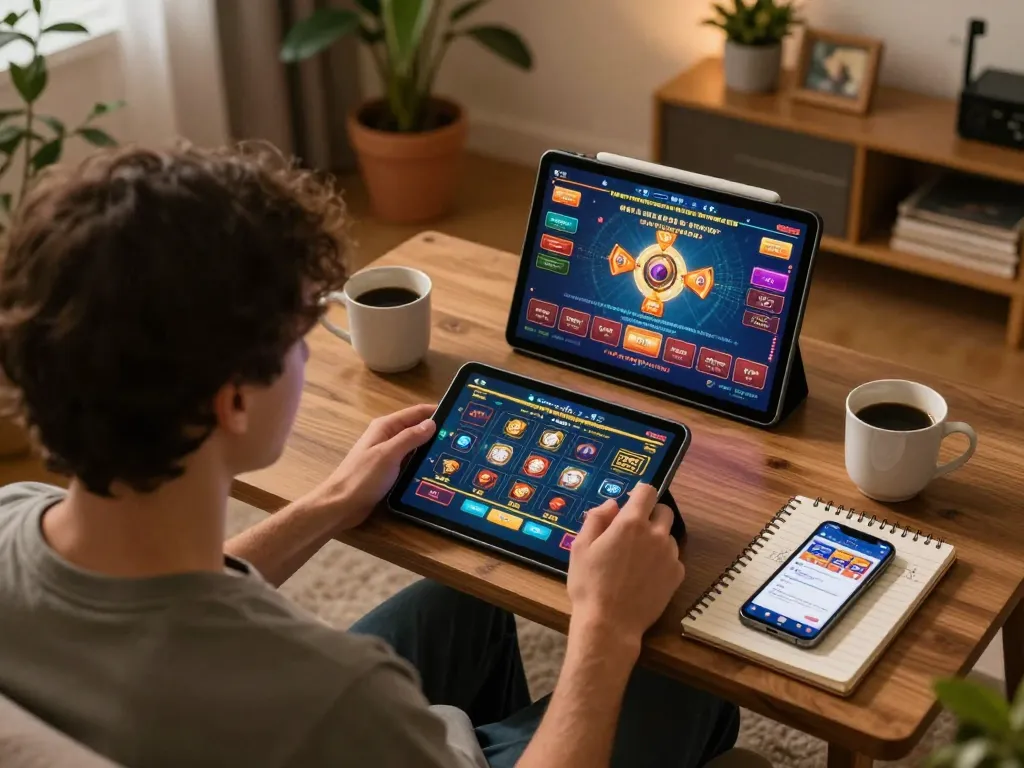 Engaging player enjoying Hit club online gaming, displaying strategy notes and vibrant game interface in a cozy home setting.