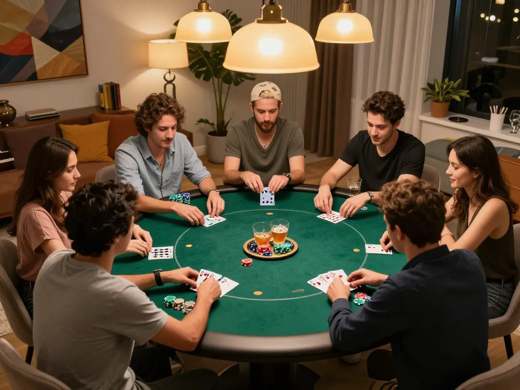 Friends enjoying an engaging night of poker at B52 club, analyzing hands and strategizing, warm ambiance.