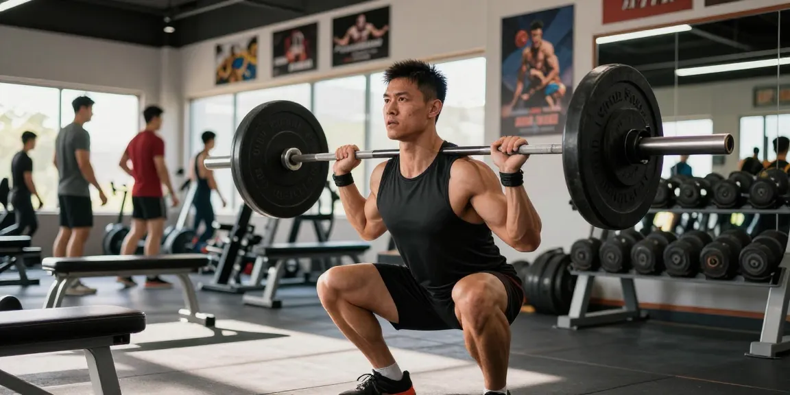 Bodybuilder in Anabolika Shop performing a squat workout in a modern gym setting.