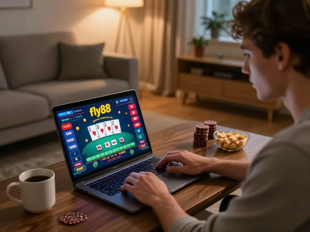 Player engaging in strategic gaming on fly88 from home with laptop and poker cards.