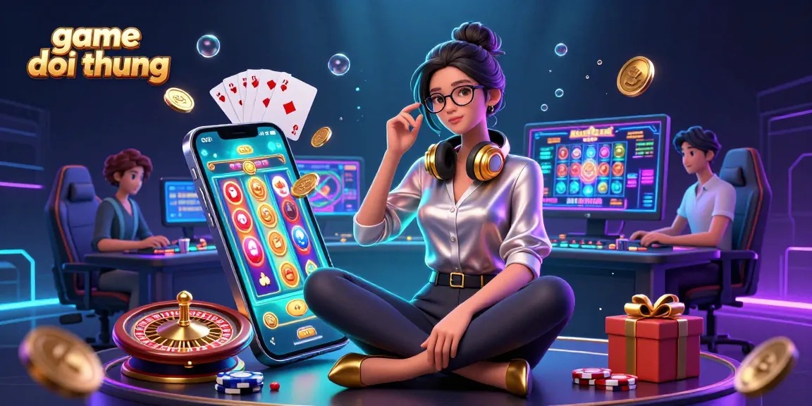 Play exciting game doi thuong with a stylish Asian woman at a dynamic gaming setup filled with casino elements.