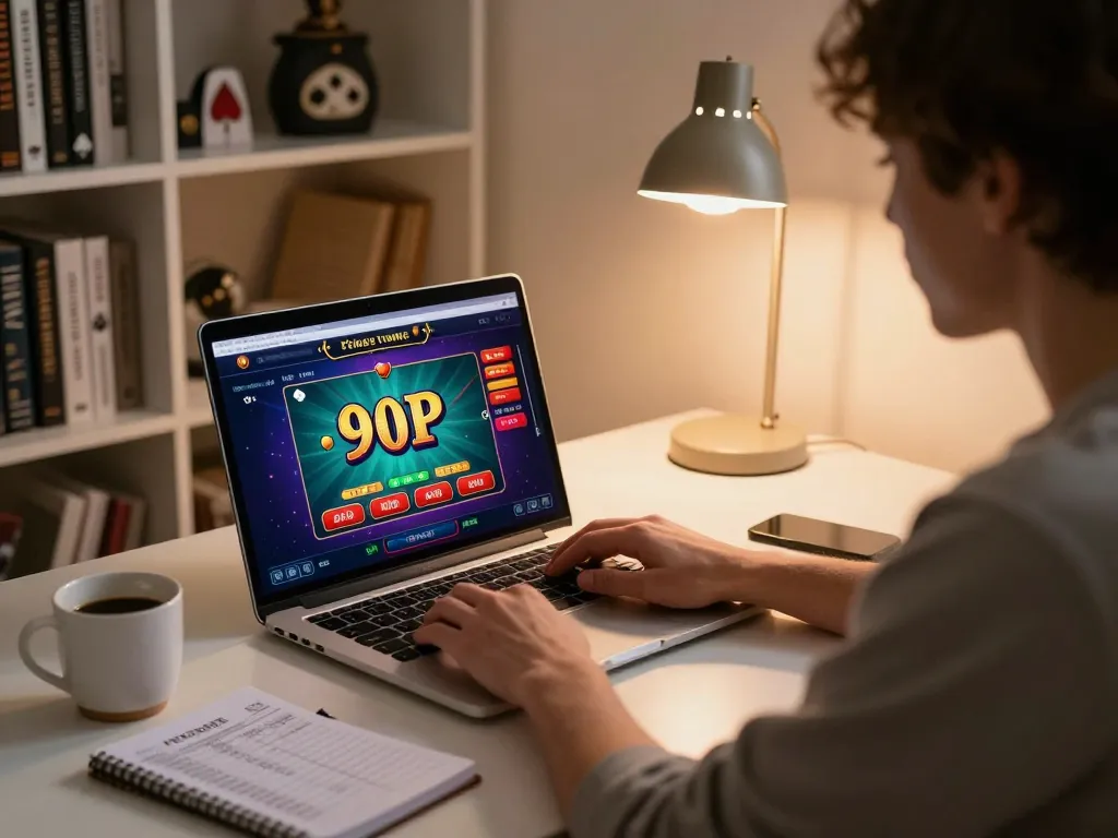 Engaging in the 90P online casino game at a stylish desk setup, showcasing bankroll management.