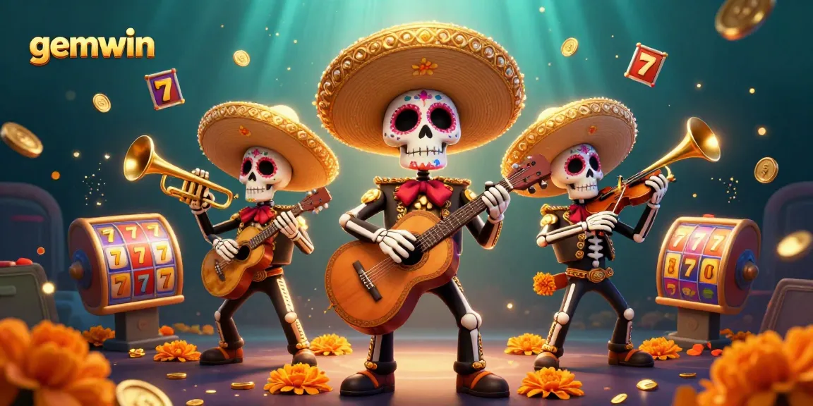 Experience exciting gaming with gemwin's vibrant Day of the Dead themed casino scene filled with slot elements.