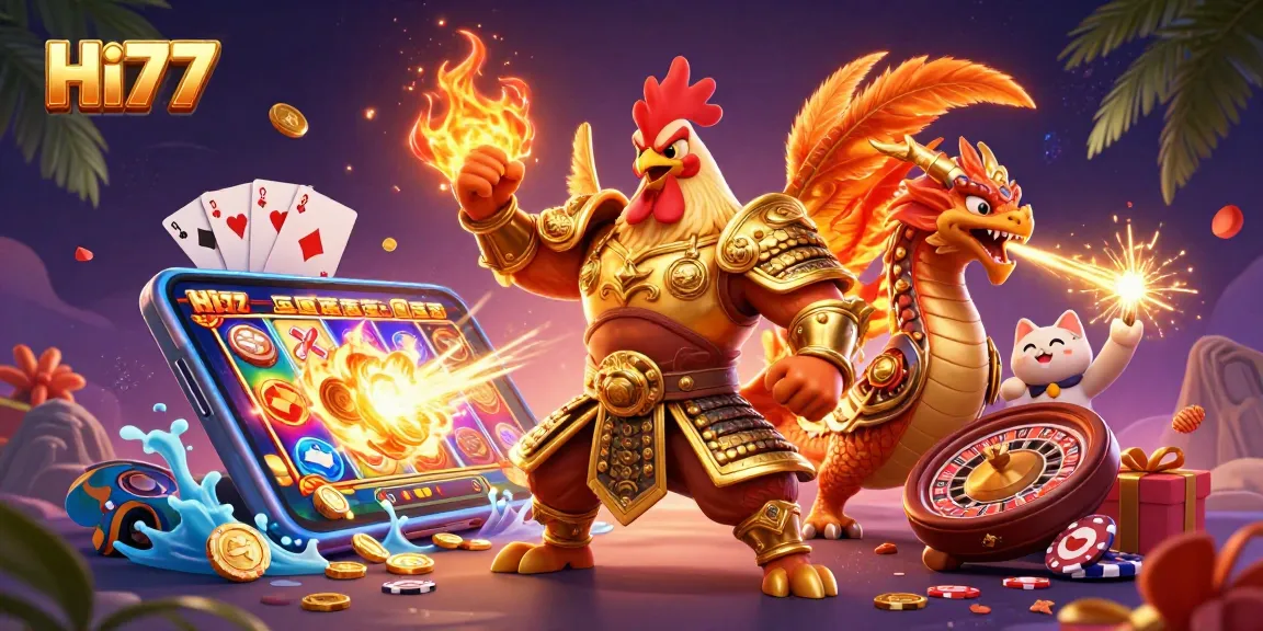 Experience thrilling action at Hi77 with a fierce rooster warrior and dragon hatchling in a vibrant casino scene.