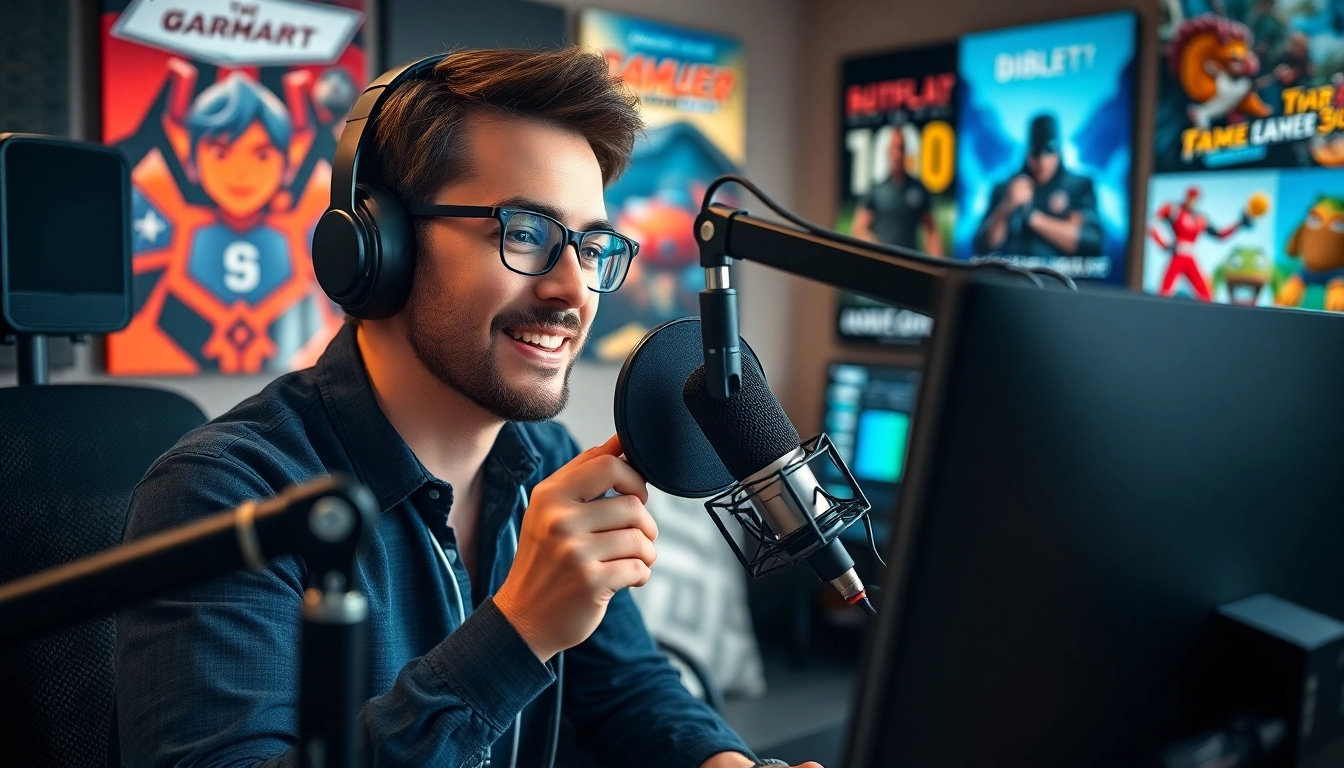 Gaming Podcast host engaging in lively discussion in a modern studio.