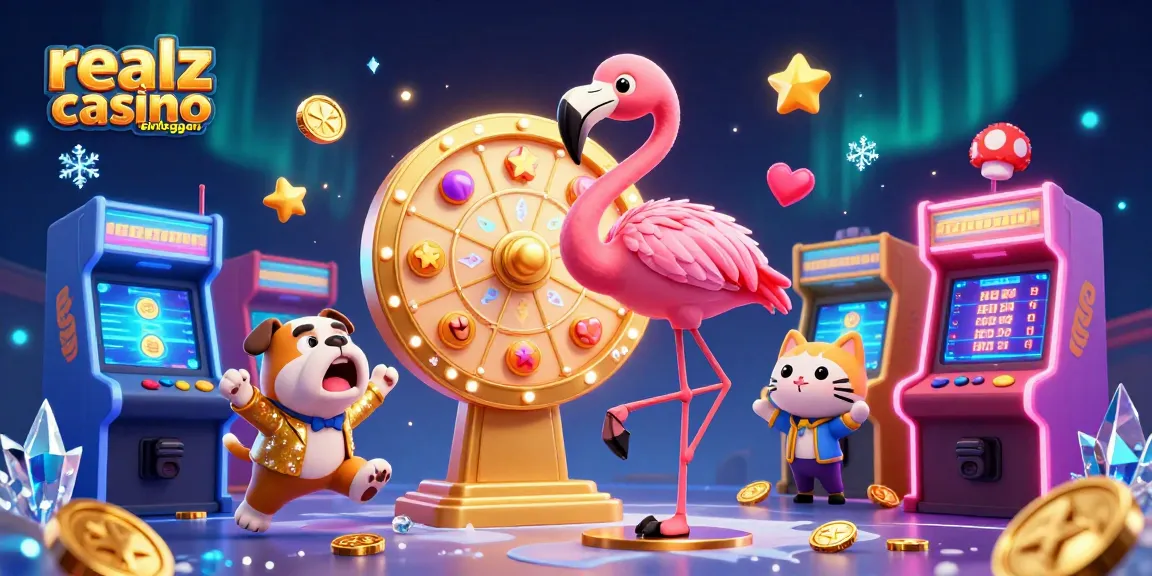 Realz Casino einloggen und spielen: Lebhafte 3D-Illustration eines Spielautomaten mit einem Flamingo und einem Bulldog im Spiel.