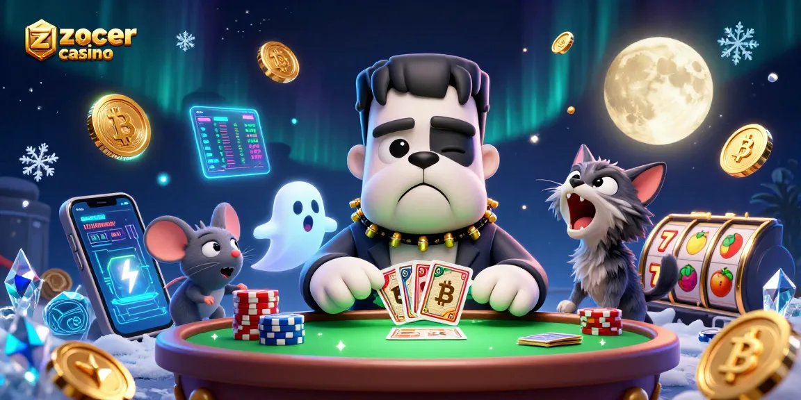 Engage with zoccer casino as a 3D Frankenstein bulldog deals cards surrounded by vibrant gaming elements.
