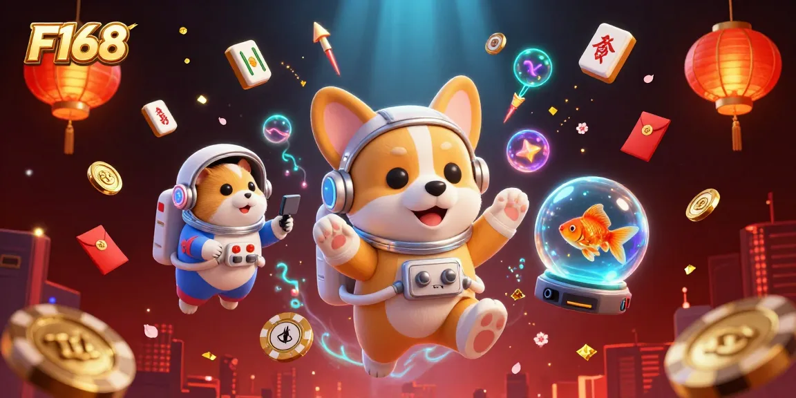 Experience F168's thrilling casino atmosphere with floating coins and vibrant game elements in a space station setting.