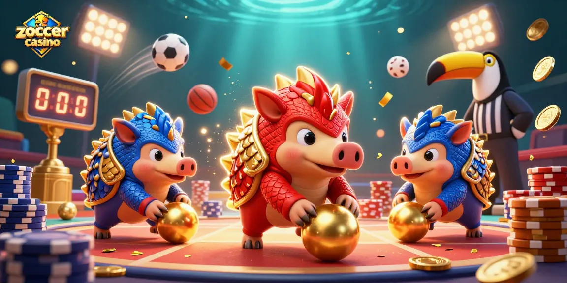 Zoccer Casino features dynamic pangolins bowling through poker chips in a vibrant casino-themed illustration.