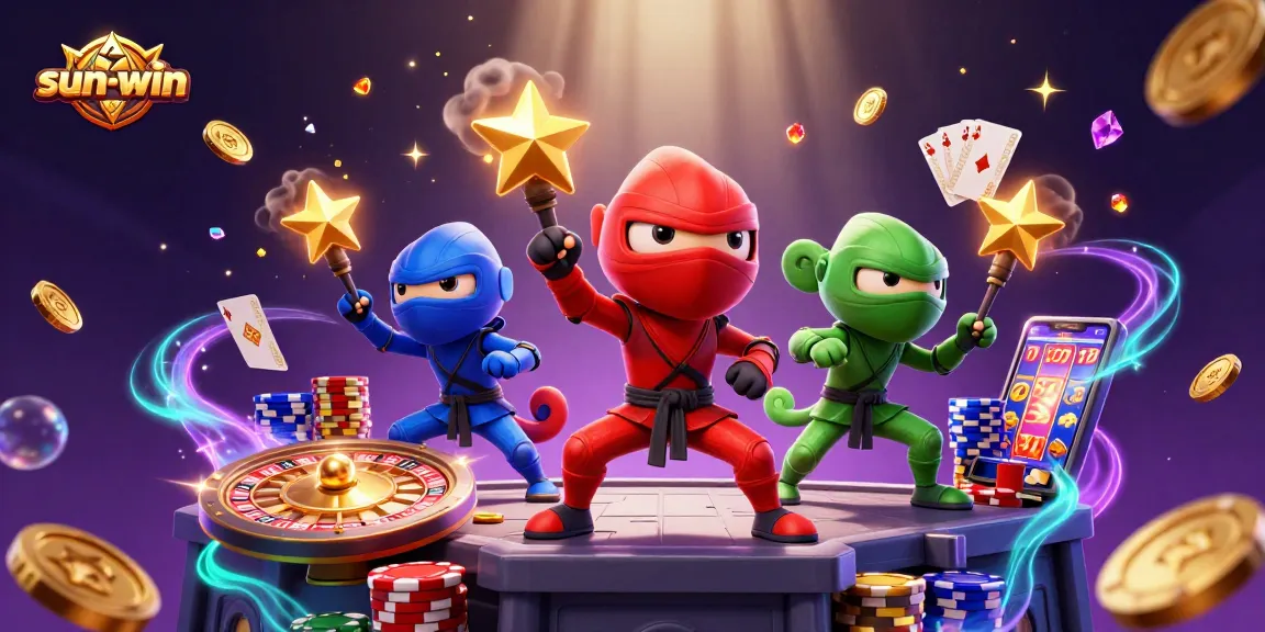 Experience the thrilling world of sun-win with our ninja chameleon team surrounded by vibrant casino elements.