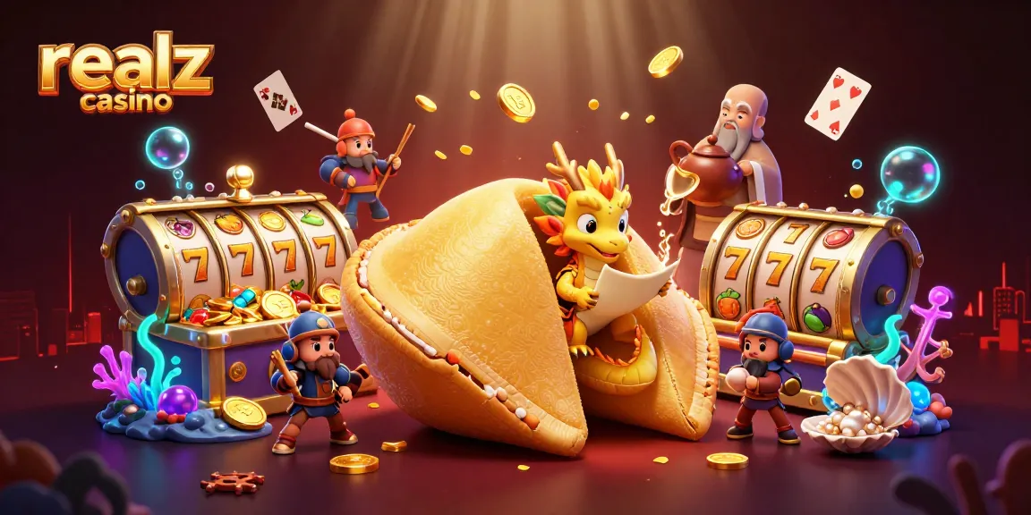 Experience the thrill of realz casino with a vibrant 3D illustration of a golden fortune cookie and dynamic gaming elements.