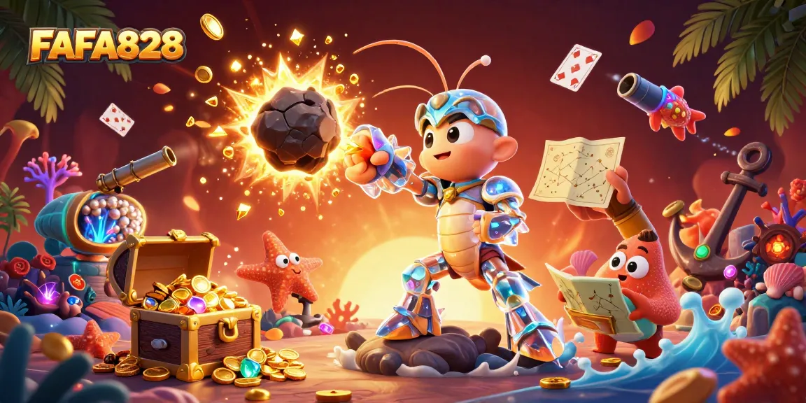 FAFA828 features a vibrant 3D illustration of a samurai mantis shrimp and starfish amid casino treasures.