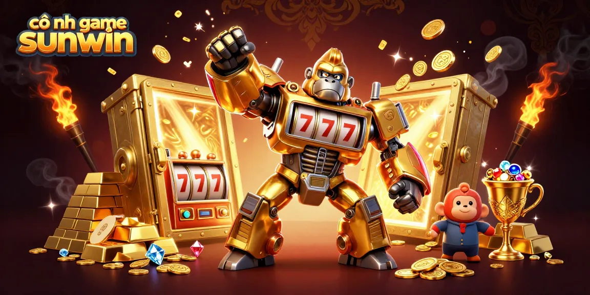 Engage with the exciting cổng game sunwin featuring a golden gorilla mech amidst treasures and jackpots.
