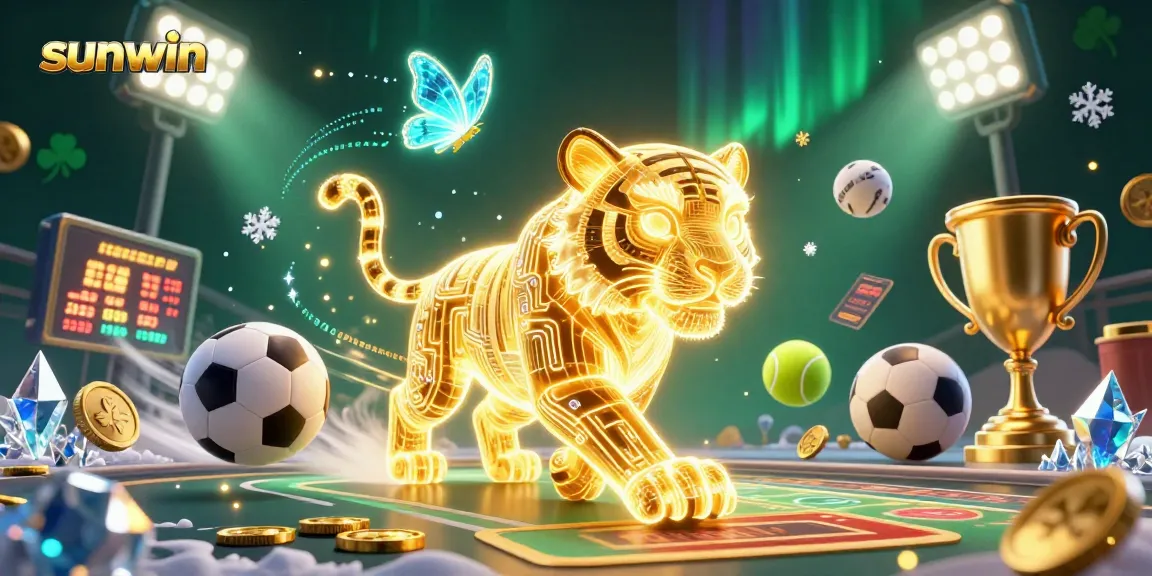 Sunwin game scene featuring a glowing tiger in a vibrant casino landscape with sports elements.